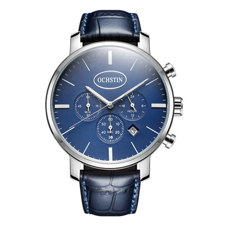 OCHSTIN 6066A Prominente Series Multifunctional Quartz Luminous Men Watch(Silver+Blue) - Leather Strap Watches by OCHSTIN | Online Shopping UK | buy2fix