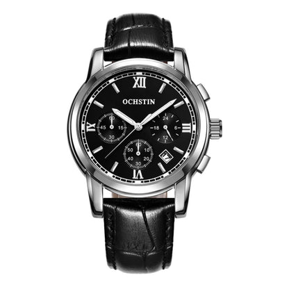 OCHSTIN 6097B Multifunctional Quartz Waterproof Luminous Men Leather Watch(Silver+Black) - Leather Strap Watches by OCHSTIN | Online Shopping UK | buy2fix