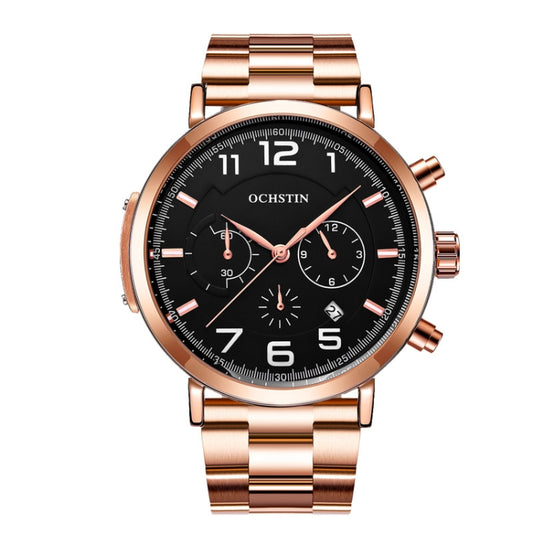OCHSTIN 7243 Men Fashion Steel Strap Multifunctional Quartz Watch(Rose Gold Black) - Metal Strap Watches by OCHSTIN | Online Shopping UK | buy2fix