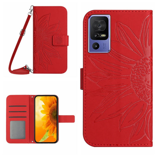 For TCL 40 SE HT04 Skin Feel Sun Flower Embossed Flip Leather Phone Case with Lanyard(Red) - More Brand by buy2fix | Online Shopping UK | buy2fix