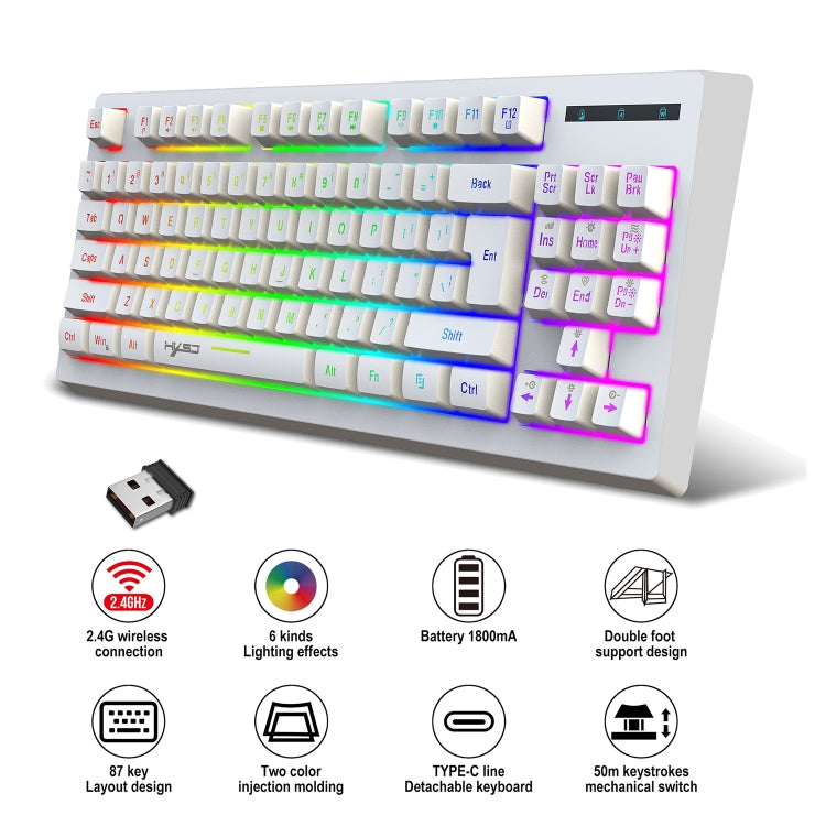 HXSJ L100 87 Keys RGB Backlit Film 2.4G Wireless Keyboard(White) - Wireless Keyboard by HXSJ | Online Shopping UK | buy2fix