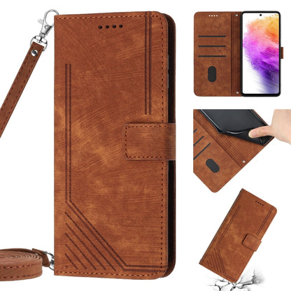 For Samsung Galaxy A12 4G / M12 / F12 4G Skin Feel Stripe Pattern Leather Phone Case with Lanyard(Brown) - Galaxy Phone Cases by buy2fix | Online Shopping UK | buy2fix
