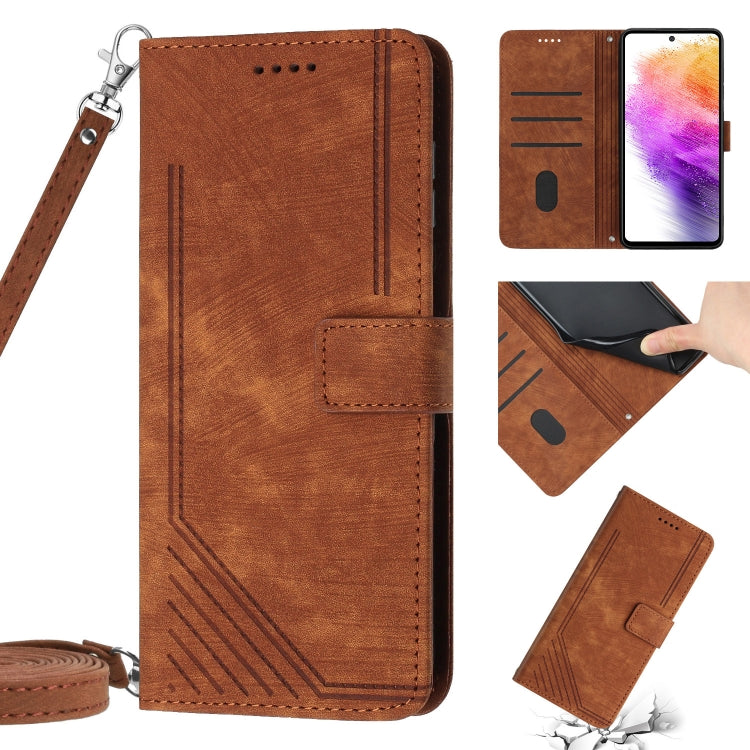 For Samsung Galaxy A14 5G Skin Feel Stripe Pattern Leather Phone Case with Lanyard(Brown) - Galaxy Phone Cases by buy2fix | Online Shopping UK | buy2fix