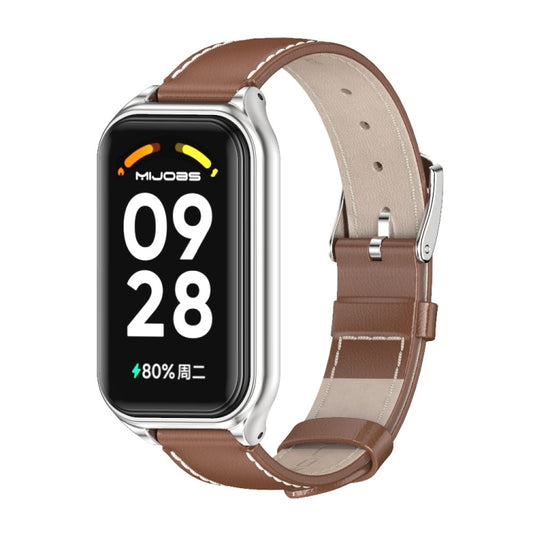 For Redmi Band 2 Mijobs Metal Shell Genuine Leather Watch Band(Brown Silver) - Watch Bands by MIJOBS | Online Shopping UK | buy2fix