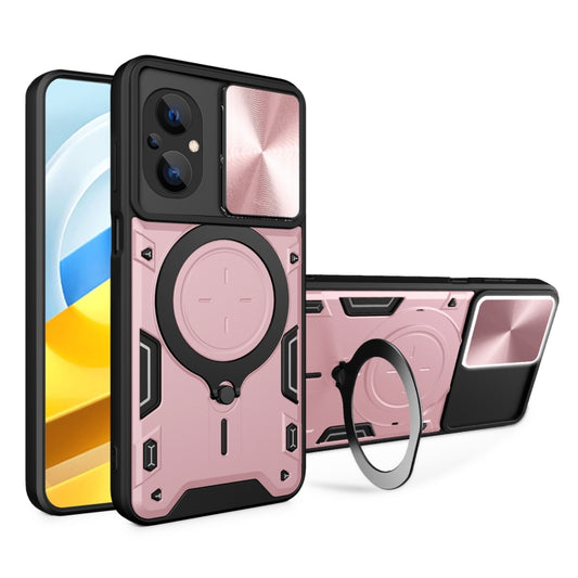 For Xiaomi Poco M5 5G CD Texture Sliding Camshield Magnetic Holder Phone Case(Pink) - Poco M5 Cases by buy2fix | Online Shopping UK | buy2fix