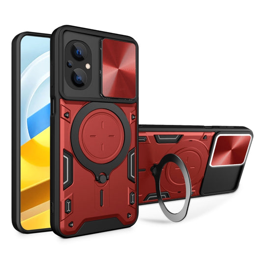 For Xiaomi Poco M5 5G CD Texture Sliding Camshield Magnetic Holder Phone Case(Red) - Poco M5 Cases by buy2fix | Online Shopping UK | buy2fix