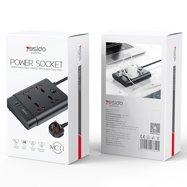 Yesido MC-11 4 Plugs + PD 20W+2 QC3.0 Ports 2650W Multi-functional High Power Socket(UK Plug) - Extension Socket by Yesido | Online Shopping UK | buy2fix