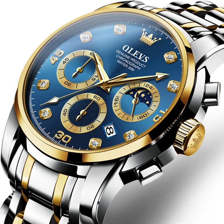 OLEVS 2889 Men Multifunctional Luminous Waterproof Quartz Watch(Blue + Gold) - Metal Strap Watches by OLEVS | Online Shopping UK | buy2fix