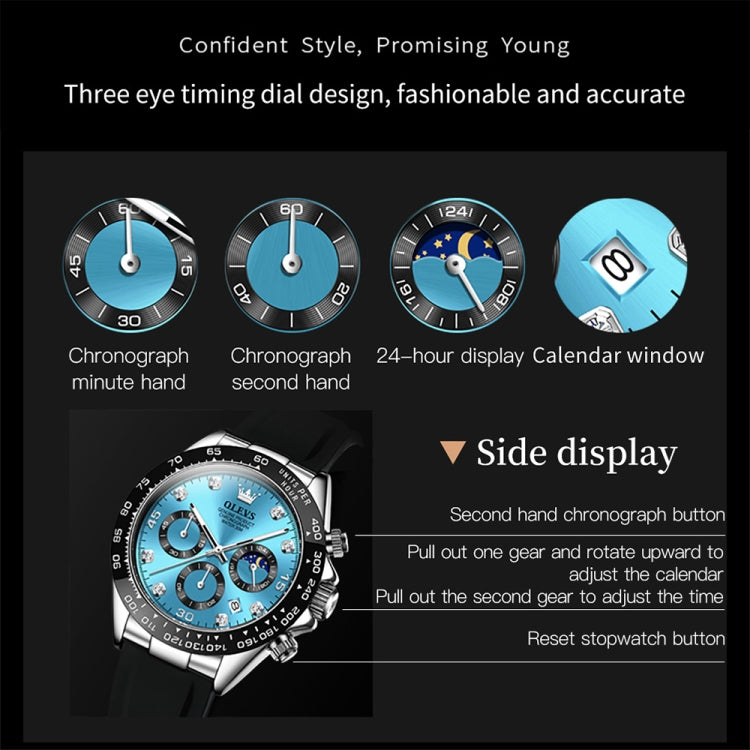 OLEVS 2875 Men Multifunctional Sports Chronograph Waterproof Quartz Watch(Blue) - Silicone Strap Watches by OLEVS | Online Shopping UK | buy2fix