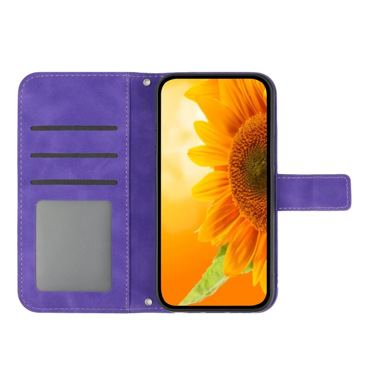 For iPhone 15 Plus Skin Feel Sun Flower Embossed Flip Leather Phone Case with Lanyard(Dark Purple) - iPhone 15 Plus Cases by buy2fix | Online Shopping UK | buy2fix