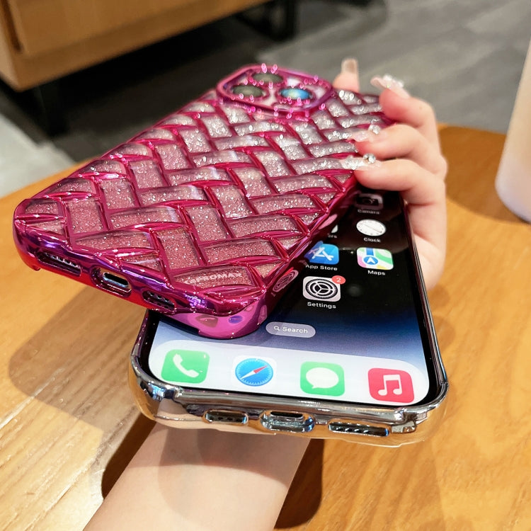 For iPhone 11 Woven Grid 3D Electroplating Laser Engraving Glitter Paper Phone Case(Rose Red) - iPhone 11 Cases by buy2fix | Online Shopping UK | buy2fix