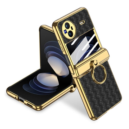 For vivo X Flip GKK Shaft Electroplated Plain Leather Woven Texture Phone Case with Ring(Black) - vivo Cases by GKK | Online Shopping UK | buy2fix