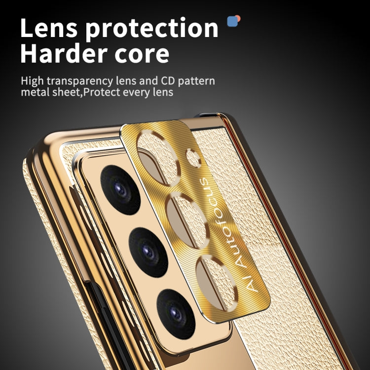 For Samsung Galaxy Z Fold5 Litchi Pattern Magnetic Shell Film Integrated Shockproof Phone Case(Gold) - Galaxy Z Fold5 Cases by buy2fix | Online Shopping UK | buy2fix