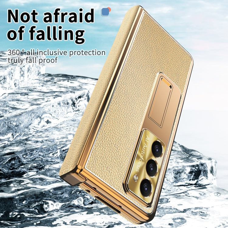 For Samsung Galaxy Z Fold5 Litchi Pattern Magnetic Shell Film Integrated Shockproof Phone Case(Gold) - Galaxy Z Fold5 Cases by buy2fix | Online Shopping UK | buy2fix