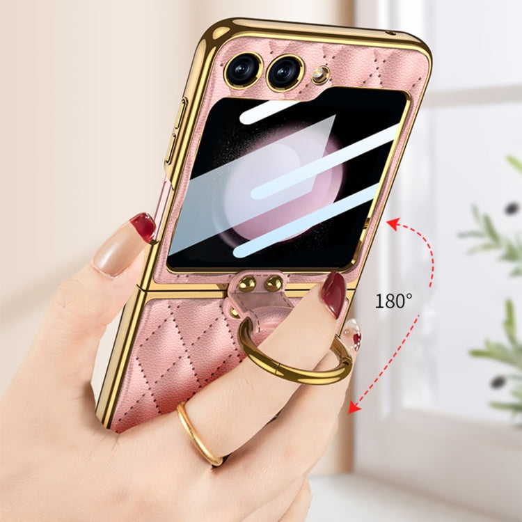 For Samsung Galaxy Z Flip5 GKK Integrated Plating Diamond Texture PU Phone Case with Ring(Pink) - Galaxy Z Flip5 Cases by GKK | Online Shopping UK | buy2fix