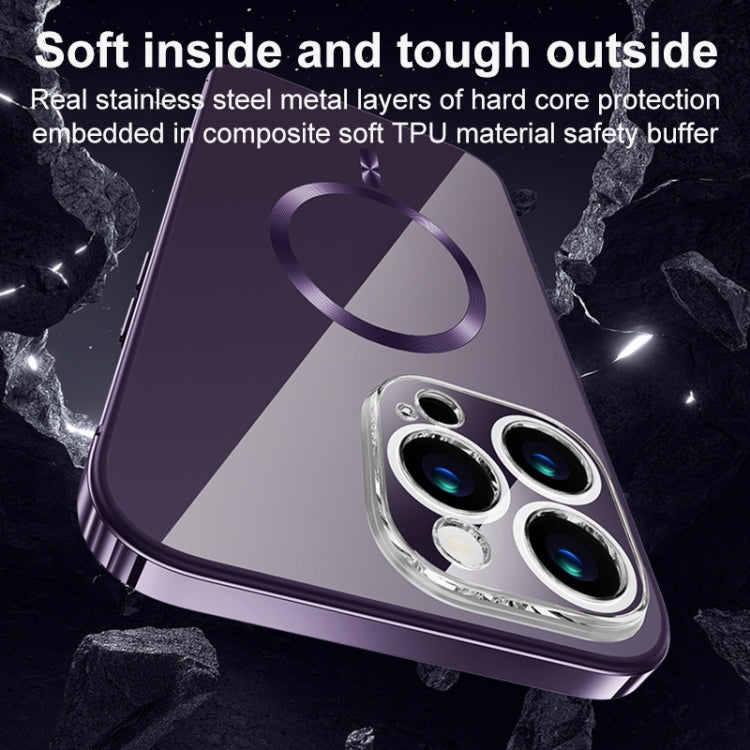 For iPhone 14 Pro MagSafe Magnetic Stainless Steel Frame Transparent TPU Phone Case(Dark Purple) - iPhone 14 Pro Cases by buy2fix | Online Shopping UK | buy2fix