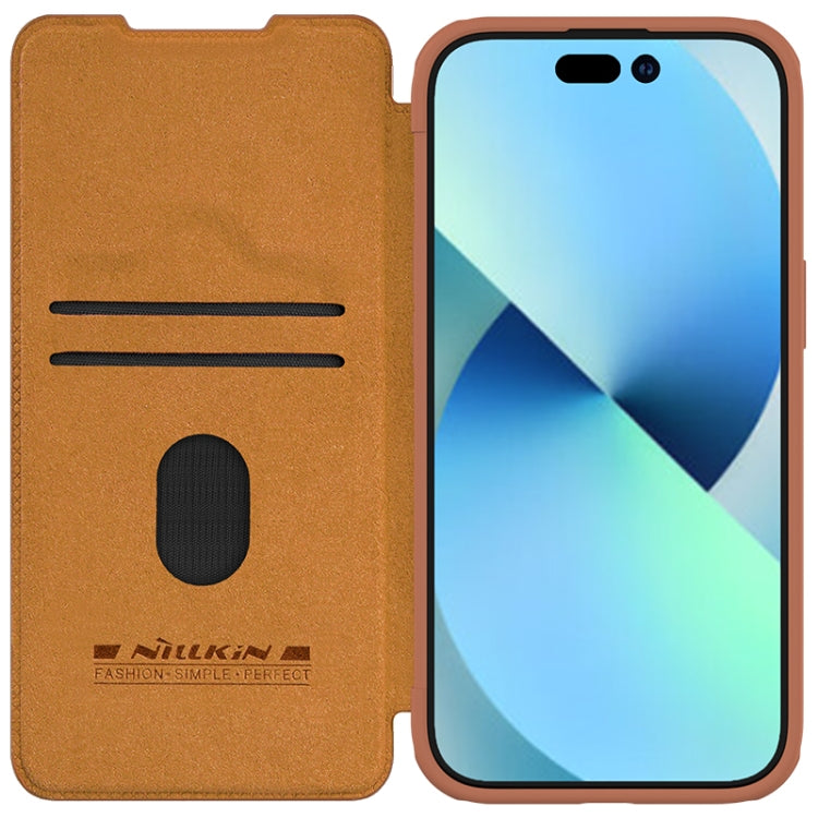 For iPhone 15 NILLKIN QIN Series Pro Sliding Camera Cover Design Leather Phone Case(Brown) - iPhone 15 Cases by NILLKIN | Online Shopping UK | buy2fix