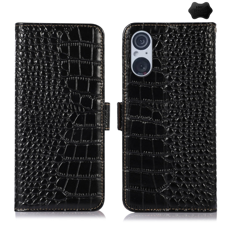 For Sony Xperia 5 V Crocodile Top Layer Cowhide Leather Phone Case(Black) - Sony Cases by buy2fix | Online Shopping UK | buy2fix