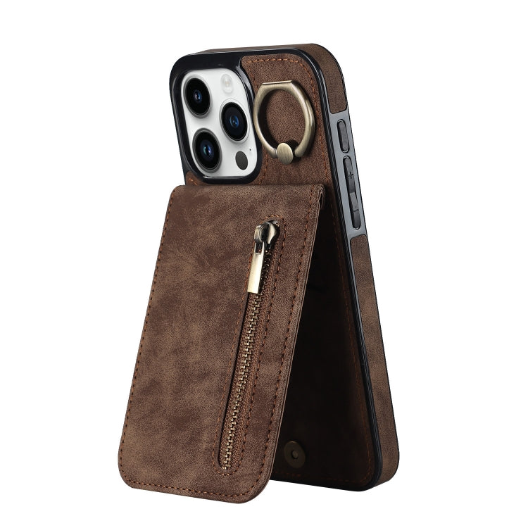 For iPhone 15 Pro Max Retro Ring and Zipper RFID Card Slot Phone Case(Brown) - iPhone 15 Pro Max Cases by buy2fix | Online Shopping UK | buy2fix