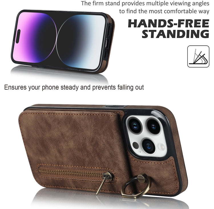 For iPhone 15 Pro Max Retro Ring and Zipper RFID Card Slot Phone Case(Brown) - iPhone 15 Pro Max Cases by buy2fix | Online Shopping UK | buy2fix