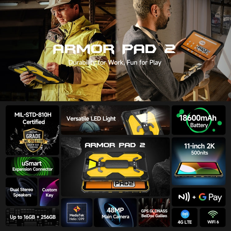 Ulefone Armor Pad 2 Rugged Tablet PC, 16GB+256GB 11 inch Android 13 MediaTek Helio G99 Octa Core 4G Network EU Plug(Yellow) - Other by Ulefone | Online Shopping UK | buy2fix