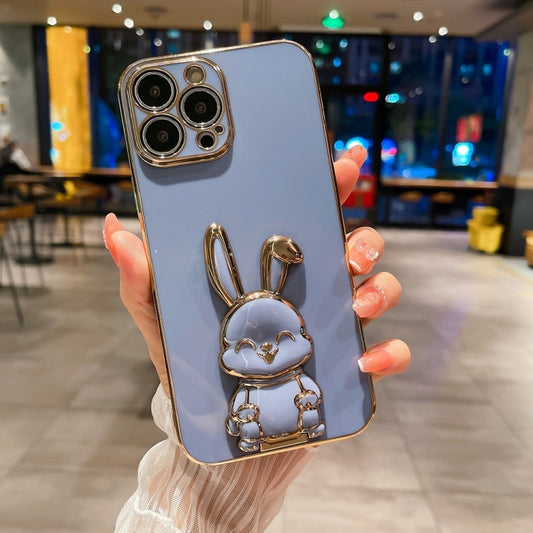 For iPhone 15 Pro Max Plating Rabbit Holder Phone Case(Blue) - iPhone 15 Pro Max Cases by buy2fix | Online Shopping UK | buy2fix