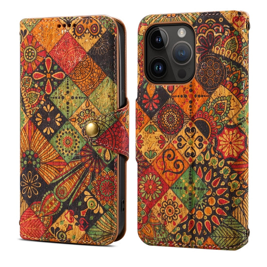 For iPhone 15 Pro Max Denior Flower Language Series Cork Fabric Oil Edge Leather Phone Case(Autumn) - iPhone 15 Pro Max Cases by Denior | Online Shopping UK | buy2fix
