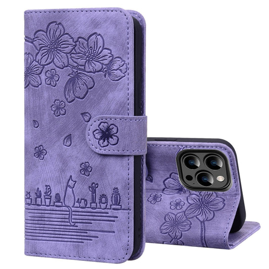 For iPhone 15 Pro Max Cartoon Sakura Cat Embossed Leather Phone Case(Purple) - iPhone 15 Pro Max Cases by buy2fix | Online Shopping UK | buy2fix
