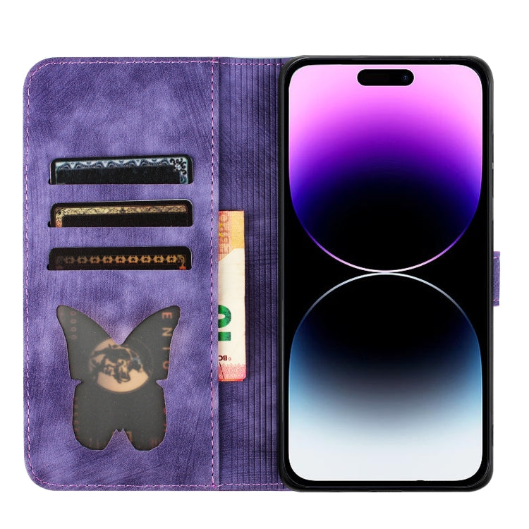 For iPhone 15 Pro Max Butterfly Cat Embossing Flip Leather Phone Case(Purple) - iPhone 15 Pro Max Cases by buy2fix | Online Shopping UK | buy2fix