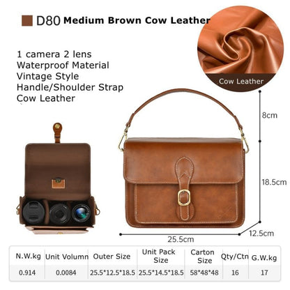 Cwatcun D80 Retro Leather Camera Shoulder Bag, Size:25.5 x 18.5 x 12.5cm Cow Leather Medium(Brown) - Strap Satchel by Cwatcun | Online Shopping UK | buy2fix