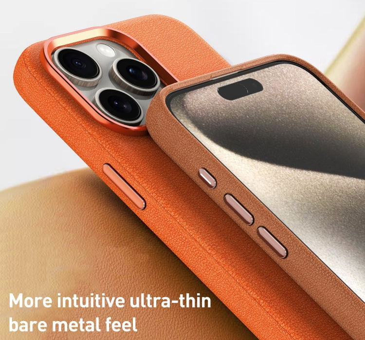 For iPhone 13 Pro Max Metal Lens Frame Leather Magsafe Full Coverage Shockproof Phone Case(Orange) - iPhone 13 Pro Max Cases by buy2fix | Online Shopping UK | buy2fix