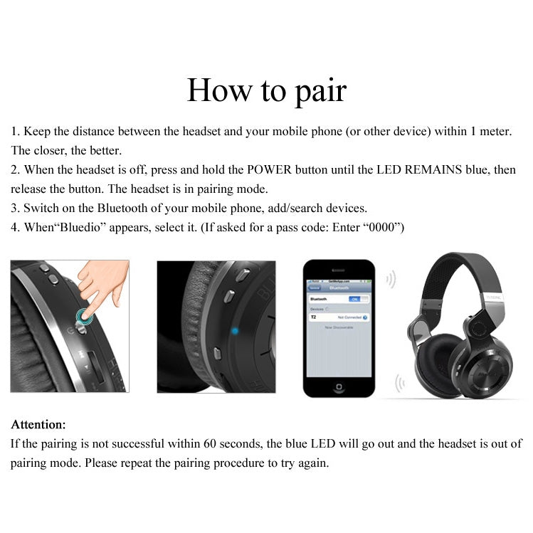 Bluedio T2+ Turbine Wireless Bluetooth 4.1 Stereo Headphones Headset with Mic & Micro SD Card Slot & FM Radio, For iPhone, Samsung, Huawei, Xiaomi, HTC and Other Smartphones, All Audio Devices(Black) - Apple Accessories by Bluedio | Online Shopping UK | buy2fix