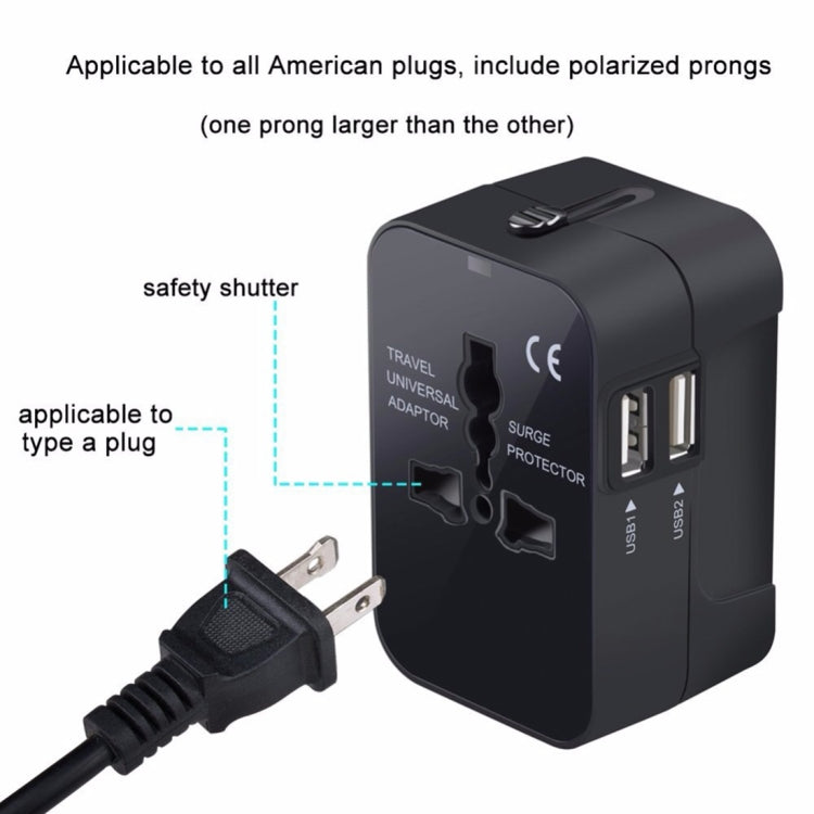Portable Multi-function Dual USB Ports Global Universal Travel Wall Charger Power Socket, For iPad , iPhone, Galaxy, Huawei, Xiaomi, LG, HTC and Other Smart Phones, Rechargeable Devices(Blue) - Consumer Electronics by buy2fix | Online Shopping UK | buy2fix