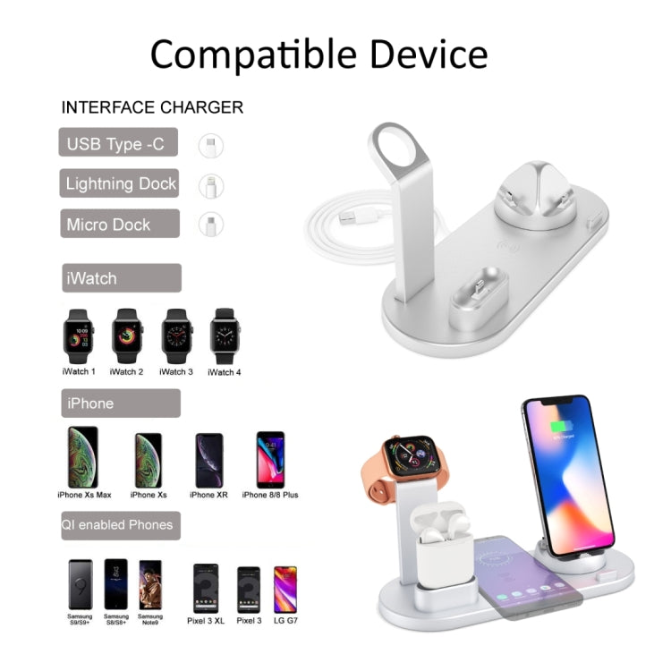 HQ-UD15 5 in 1 8 Pin + Micro USB + USB-C / Type-C Interfaces + 8 Pin Earphone Charging Interface + Wireless Charging Charger Base with Watch Stand(Silver) - Multifunction Charger by buy2fix | Online Shopping UK | buy2fix