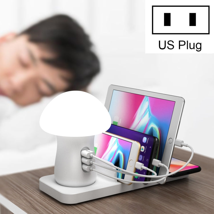 HQ-UD12 Universal 4 in 1 40W QC3.0 3 USB Ports + Wireless Charger Mobile Phone Charging Station with Mushroom Shape LED Light, Length: 1.2m, US Plug (White) - Multifunction Charger by buy2fix | Online Shopping UK | buy2fix