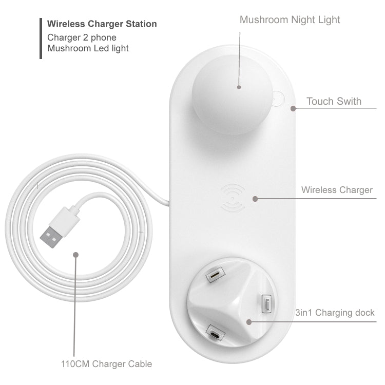 HQ-UD11 10W 4 in 1 Mobile Phone Fast Wireless Charger with Mushroom LED Light & Phone Holder, Length: 1.2m(White) - Multifunction Charger by buy2fix | Online Shopping UK | buy2fix