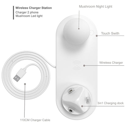 HQ-UD11 10W 4 in 1 Mobile Phone Fast Wireless Charger with Mushroom LED Light & Phone Holder, Length: 1.2m(White) - Multifunction Charger by buy2fix | Online Shopping UK | buy2fix