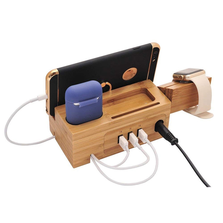 Multi-function Bamboo Charging Station Charger Stand Management Base with 3 USB Ports, For Apple Watch, AirPods, iPhone, UK Plug - Others by buy2fix | Online Shopping UK | buy2fix
