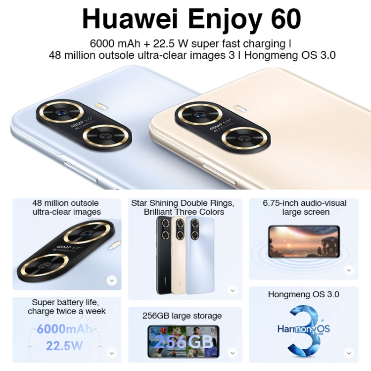 Huawei Enjoy 60 256GB MGA-AL40,  48MP Cameras, China Version, Dual Back Cameras, Face ID & Side Fingerprint Identification, 6000mAh Battery, 6.75 inch HarmonyOS 3.0 Octa Core, Network: 4G, OTG, Not Support Google Play(Gold) - Huawei Mate & P by Huawei | Online Shopping UK | buy2fix