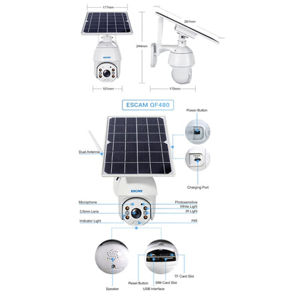 ESCAM QF480 US Version HD 1080P IP66 Waterproof 4G Solar Panel PT IP Camera without Battery, Support Night Vision / Motion Detection / TF Card / Two Way Audio (White) - Security by ESCAM | Online Shopping UK | buy2fix