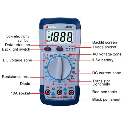 ANENG A830L Handheld Multimeter Household Electrical Instrument(Blue Yellow) - Current & Voltage Tester by ANENG | Online Shopping UK | buy2fix