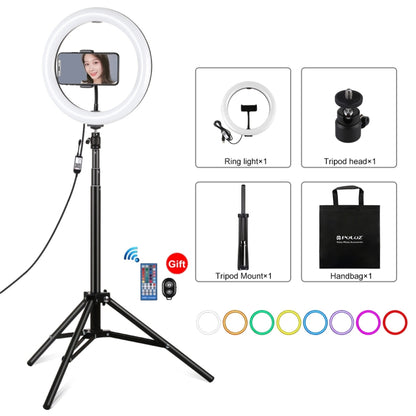 PULUZ 10.2 inch 26cm RGBW Light + 1.65m Tripod Mount Curved Surface USB RGBW Dimmable LED Ring Vlogging Video Light Live Broadcast Kits with Cold Shoe Tripod Ball Head & Phone Clamp & Remote Control(Black) - Ring Light by PULUZ | Online Shopping UK | buy2fix