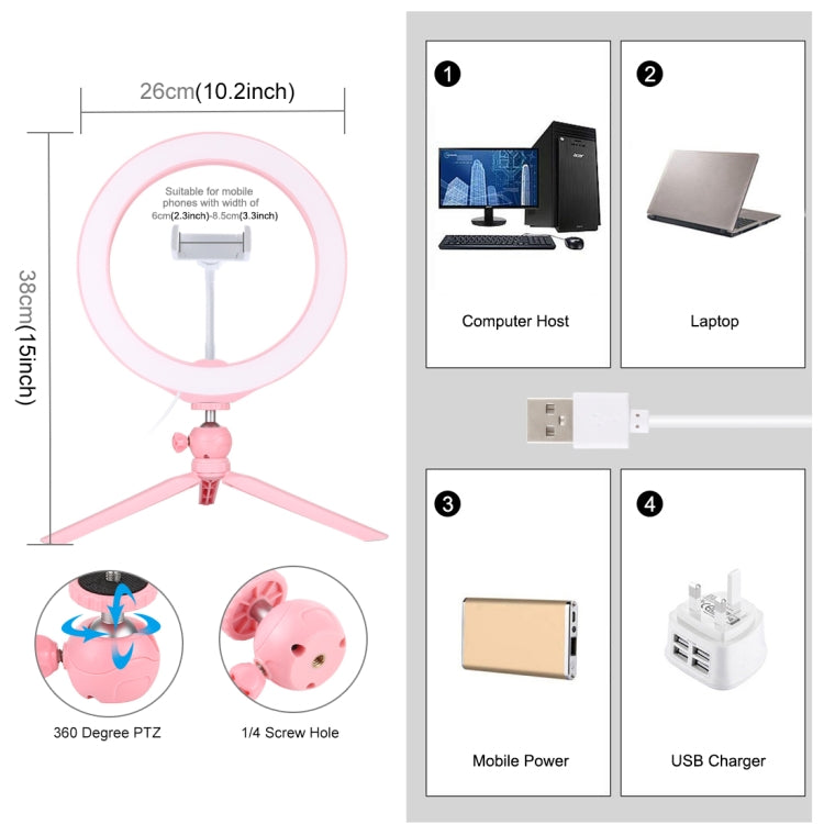 PULUZ 10.2 inch 26cm Selfie Beauty Light + Desktop Tripod Mount USB 3 Modes Dimmable LED Ring Vlogging Selfie Photography Video Lights with Cold Shoe Tripod Ball Head & Phone Clamp(Pink) - Ring Light by PULUZ | Online Shopping UK | buy2fix