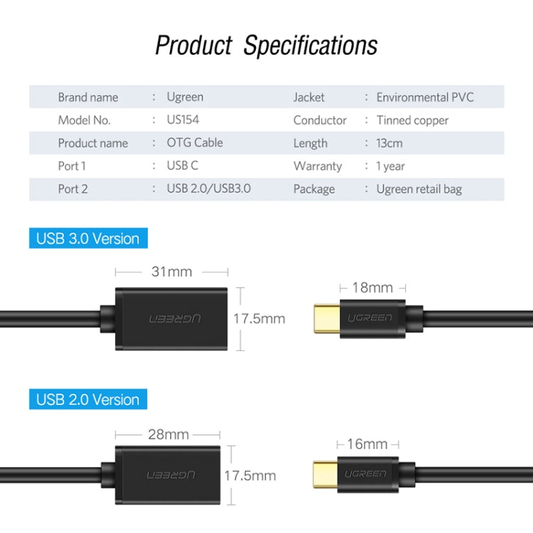UGREEN 13cm USB 3.0 Female to USB-C / Type-C Male OTG Converter Adapter Cable (White) - OTG Adapter by UGREEN | Online Shopping UK | buy2fix