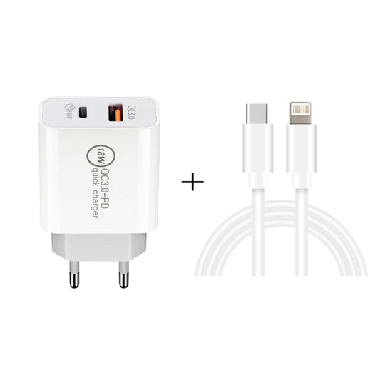 SDC-18W 18W PD 3.0 Type-C / USB-C + QC 3.0 USB Dual Fast Charging Universal Travel Charger with Type-C / USB-C to 8 Pin Fast Charging Data Cable, EU PLUG - Apple Accessories by buy2fix | Online Shopping UK | buy2fix