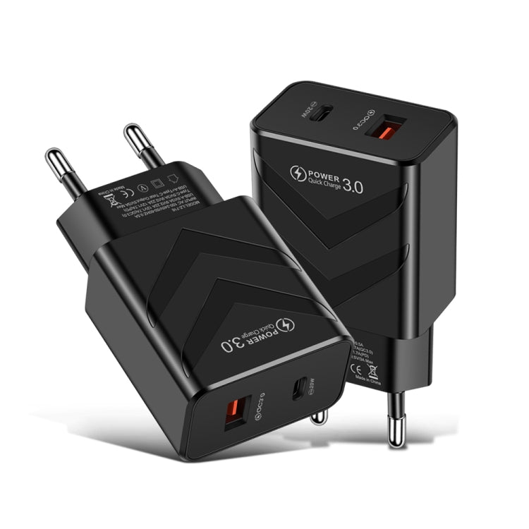 LZ-715 PD + QC 3.0 Dual Ports Fast Charging Travel Charger, EU Plug(Black) - Mobile Accessories by buy2fix | Online Shopping UK | buy2fix
