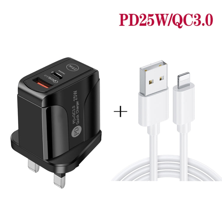 PD25W USB-C / Type-C + QC3.0 USB Dual Ports Fast Charger with USB to 8 Pin Data Cable, UK Plug(Black) - USB Charger by buy2fix | Online Shopping UK | buy2fix