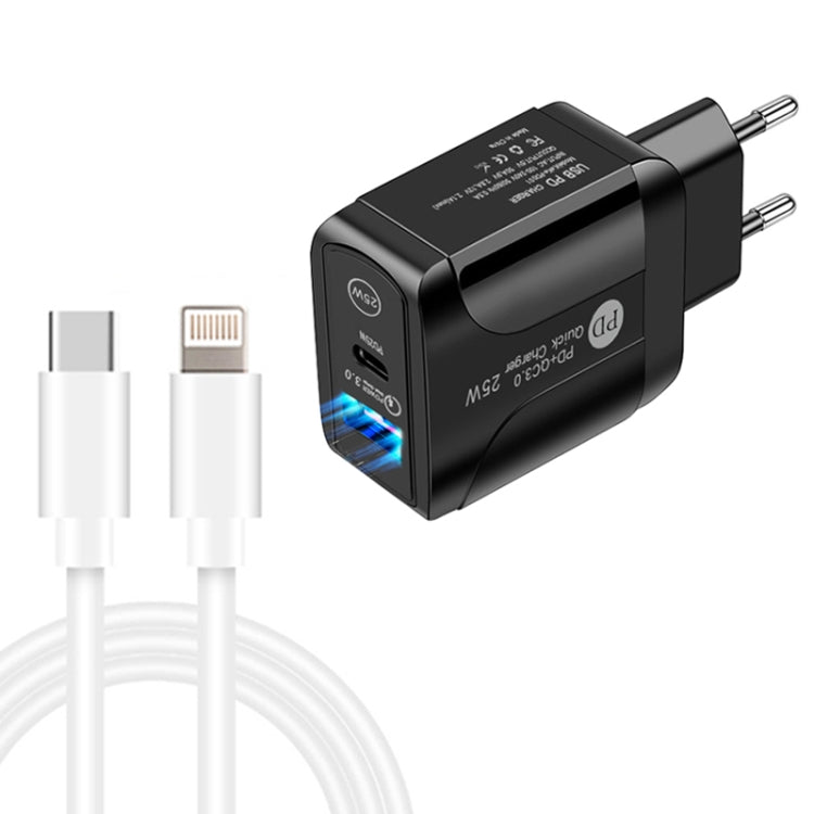 PD25W USB-C / Type-C + QC3.0 USB Dual Ports Fast Charger with USB-C to 8 Pin Data Cable, EU Plug(Black) - Apple Accessories by buy2fix | Online Shopping UK | buy2fix