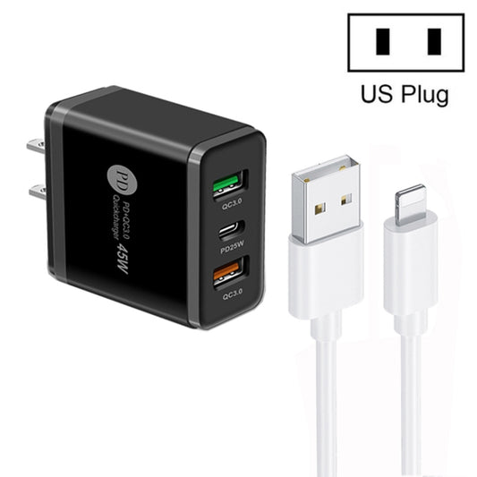 45W PD25W + 2 x QC3.0 USB Multi Port Charger with USB to 8 Pin Cable, US Plug(Black) - Apple Accessories by buy2fix | Online Shopping UK | buy2fix