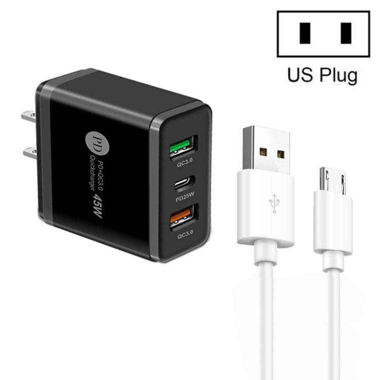 45W PD25W + 2 x QC3.0 USB Multi Port Charger with USB to Micro USB Cable, US Plug(Black) - Mobile Accessories by buy2fix | Online Shopping UK | buy2fix